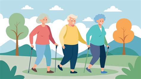 Premium Vector | A group of seniors walking on a trail with walking ...