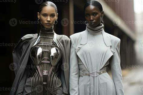 Androgynous futuristic models flaunting metallic minimalist fashion ...