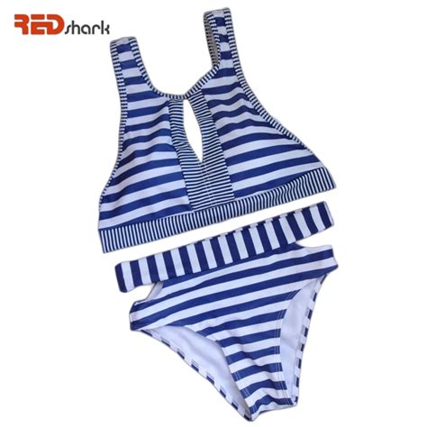 Redshark 2017 Navy Stripe Bikinis Woman Retro Swimwear Sexy Print