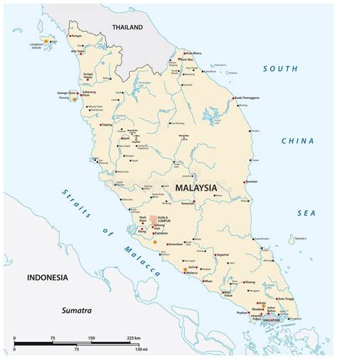 Vector Map Of The Malay Peninsula With Main Cities Malaysia Stock