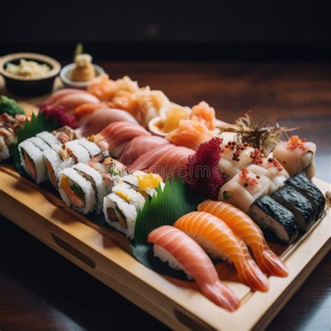 Close Up Of Selection Of Sushi Rolls On Wooden Tray Created Using Generative Ai Technology