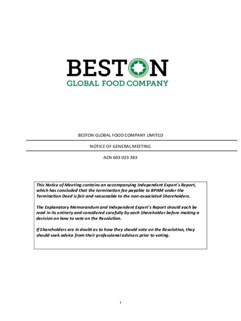 Fillable Online Beston Global Food Company Limited ABN ACN Business