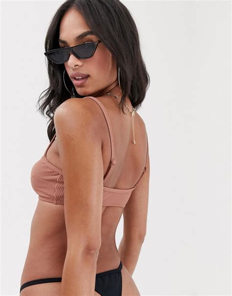 Asos Denim Skinny Crop Rib Bikini Top In Mink In Brown Lyst