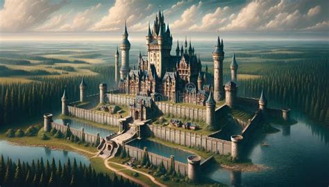 An Aerial View of a Castle by Some Water and Trees Stock Illustration ...