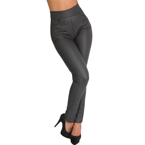 Leggings Hose Leder Imitat Wet Look High Waist Jeggings Optik