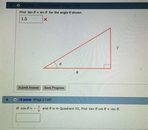 Solved Find Tan Theta Sin Theta For The Angle Theta Below Chegg