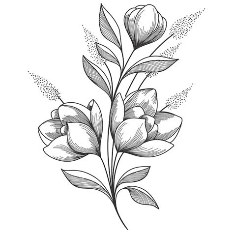 Un Dibujo En Blanco Y Negro De Una Flor Con Hojas Y Flores Vector