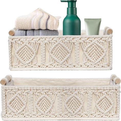 Macrame Opbergmanden Boho Opbergmand Met Houten Handvat Badkamer