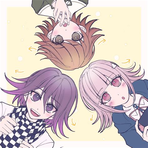 Safebooru 1girl 2boys D O Arrow Symbol Blunt Bangs Blush Brown Hair Checkered Clothes