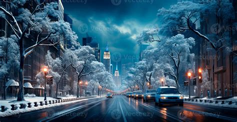 Night snowy Christmas American city New York, Manhattan area, New Year ...