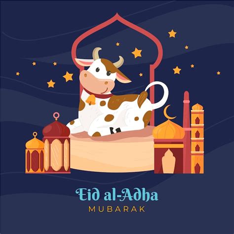 Ilustración plana de eid al adha con vaca Vector Premium