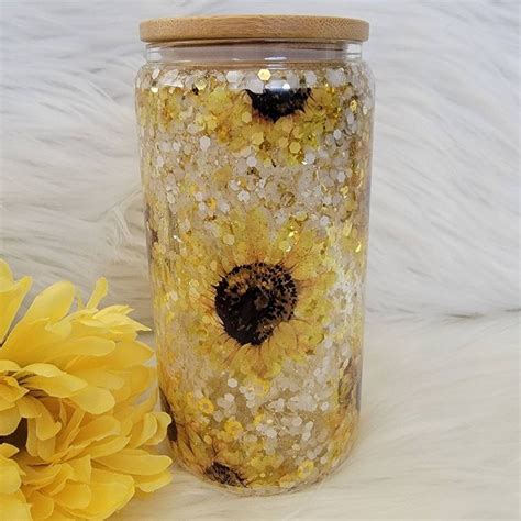 Sunflower Snow Globe Glass Can Double Wall Gold White Glitter Etsy