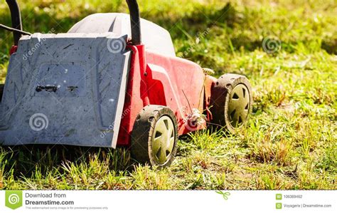 Gardening. Mowing Lawn with Lawnmower Stock Photo - Image of backyard ...