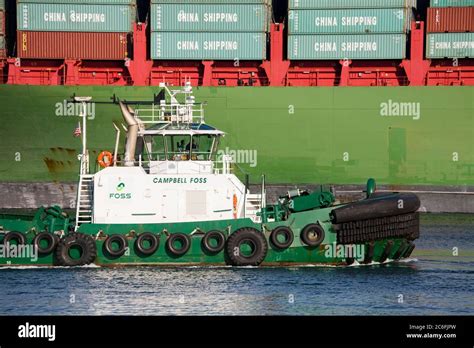 Tugboat And Container Ship San Pedro Port Los Angeles California Usa