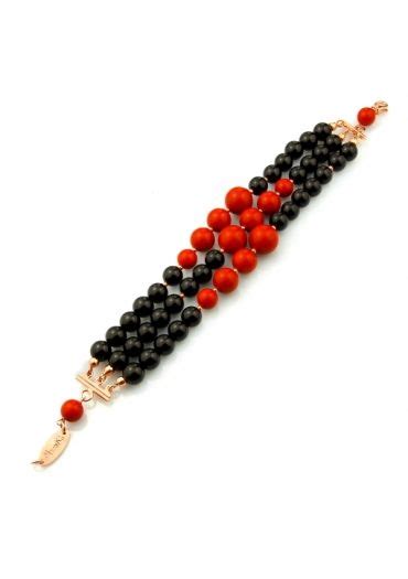 Bracciale A Tre Fili Agata Nera Corallo Bamboo Rosso Marak Gioiello