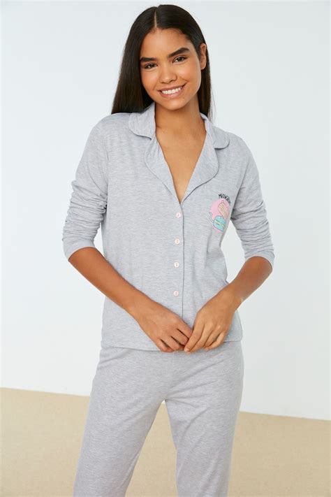 Trendyol Collection Pajama Set Gray Plain Trendyol