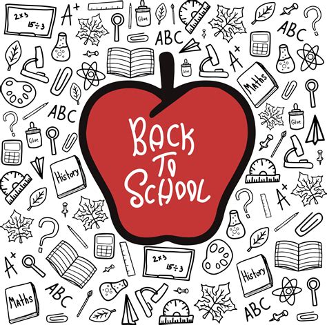 Back to school doodle black vector elements with red apple clipart ...