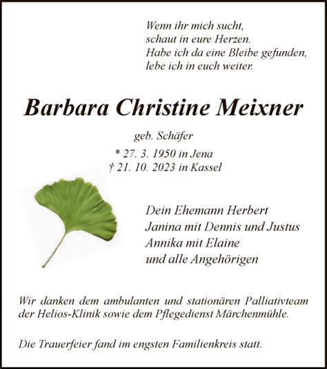 Traueranzeigen Von Barbara Christine Meixner Trauer Hna De