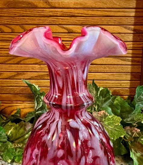 W C Fenton Cranberry Opalescent Daisy Fern Beaded Melon Vase