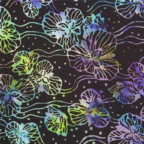 Tela batik negra con flores acuáticas azul verde violeta Fabric by