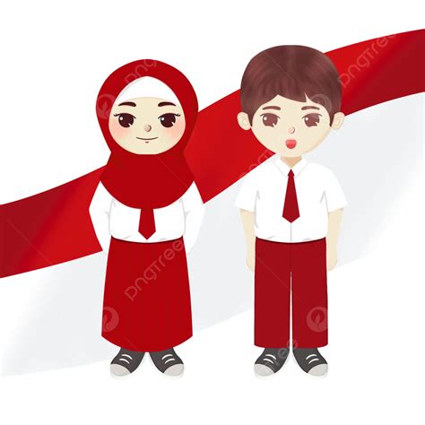 Elementary School Kid Uniform With Indonesian White Red Flag Background