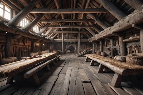 Premium Photo A Viking Longhouse With Wooden Beams And Animal Hides