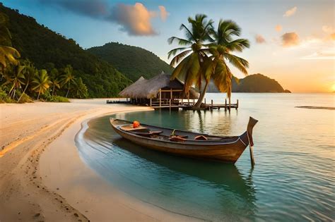 Premium Photo | A boat on the beach at sunset