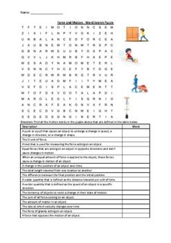 Force And Motion Word Search Puzzle Worksheet Activity Printable