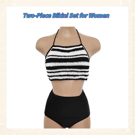 Beach Bikini Women Sexy Hanging Neck Striped Patchwork Knitted Bandage Push Up Swimsuit Piece