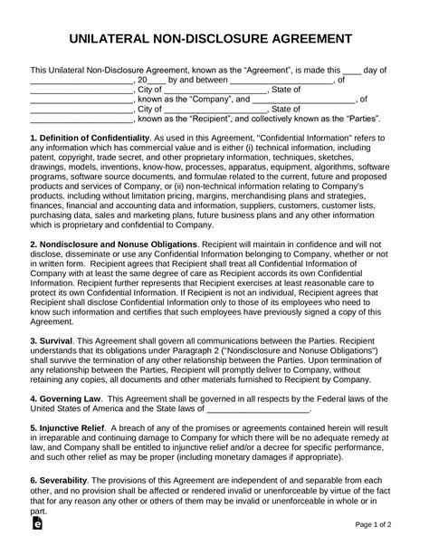 Free Unilateral Way Non Disclosure Agreement Nda Pdf Word