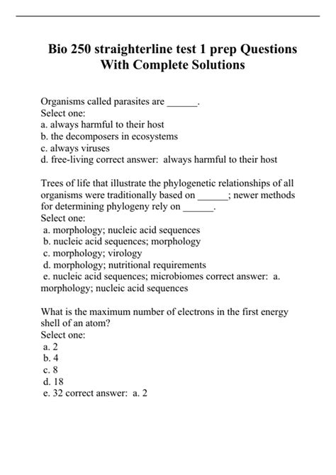 Bio 250 Straighterline Test 1 Prep Questions With Complete Solutions