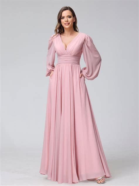 A Line V Neck Long Sleeves Long Chiffon Bridesmaid Dresses With Split