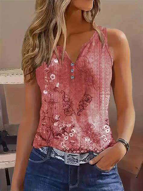 Floral Print Tank Top Vintage Summer Notched Neck Sleeveless Temu