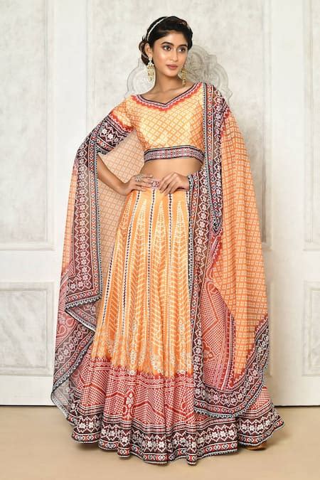 Buy Orange Chinon Print Bandhani V Neck Lehenga Set For Women By