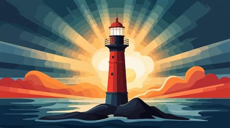 Premium Vector A Lighthouse With The Sun Behind It