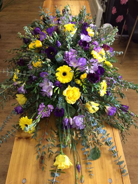 Purple And Yellow Coffin Spray Floral Funeral Tribute Funeral