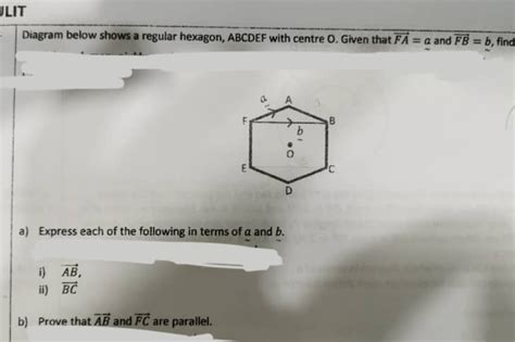 Solved Jlit Diagram Below Shows A Regular Hexagon Abcdef With Centre