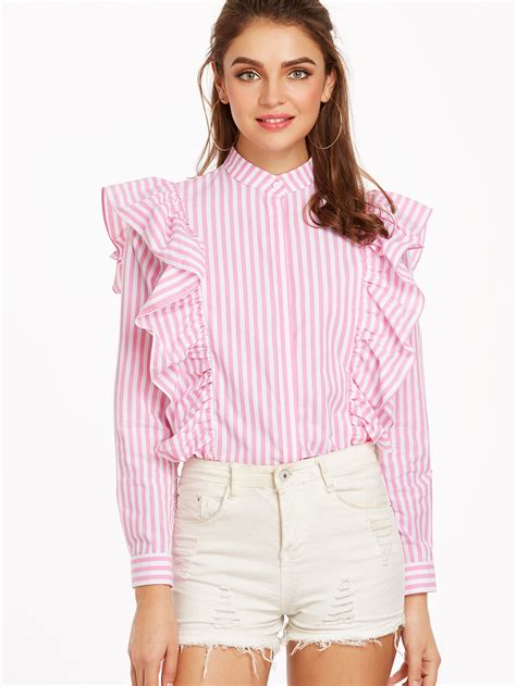 Vertical Striped Hidden Button Frill Blouse Sheinsheinside