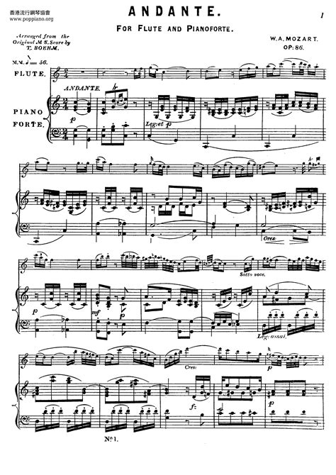 Wolfgang Amadeus Mozart Andante For Flute And Piano Op 86 琴譜pdf 香港流行鋼琴