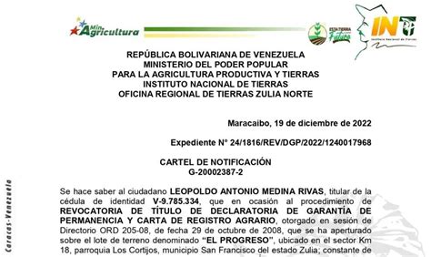 INTI Cartel de Notificación a Leopoldo Antonio Medina Rivas Qué Pasa