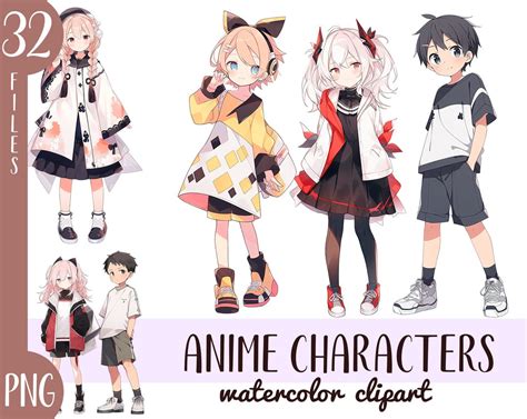 Watercolor Anime Kids Characters Clipart Cute Kawaii Teens PNG Japanese ...