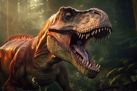 Trippy T Rex Roaring With Its Jaws Open In Prehistoric Scene Stock