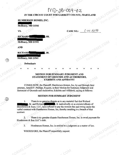 Maryland Motion For Summary Judgment and Statement Of Grounds and
