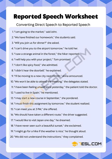 Reported Speech Exercises Reported Speech Worksheet • 7esl