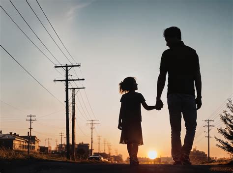 Padre E Hija Caminando De La Mano Durante La Hora Dorada Foto Premium