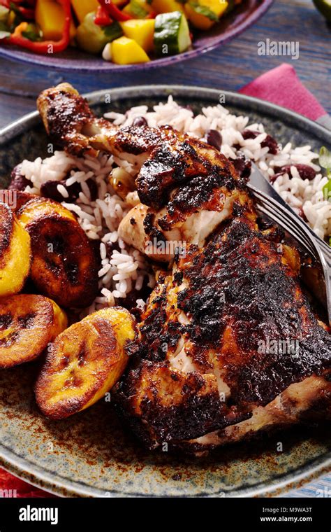 Main Meal Jamaican Jerk Chicken Rice Red Kidney Beans Hi Res Stock