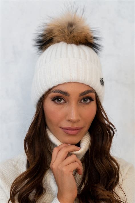 BLACK WOOL HAT WITH GENUINE FOX FUR POM POM WOMEN HATS AND SCARFS