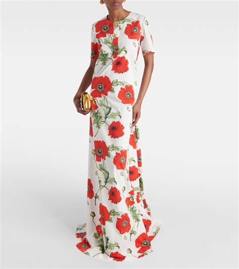 Embellished Floral Cotton Poplin Gown In Multicoloured Oscar De La