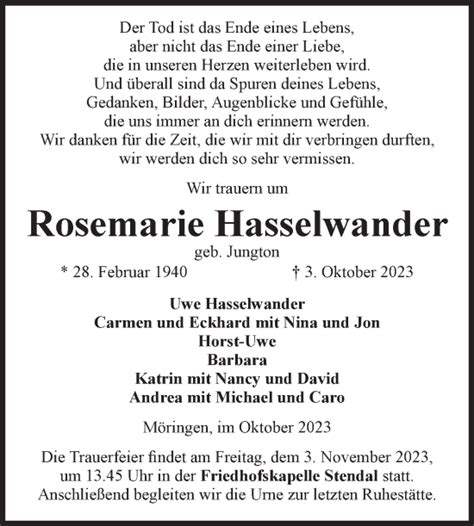 Traueranzeigen Von Rosemarie Hasselwander Abschied Nehmen De