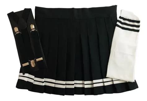 Kit Saia Colegial Listrada Susp Preto Meia Branca Listra